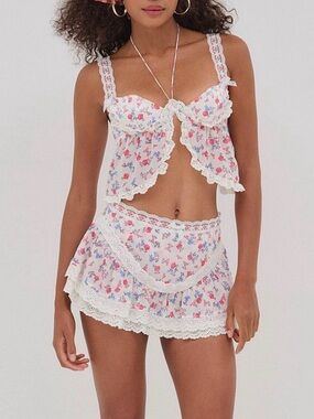 For Love & Lemons SET Ditsy Day White Floral Lace Crop Top and Skirt